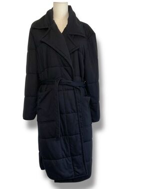 Tahari Quilted Coat Black Long Belted Wrap Size Small